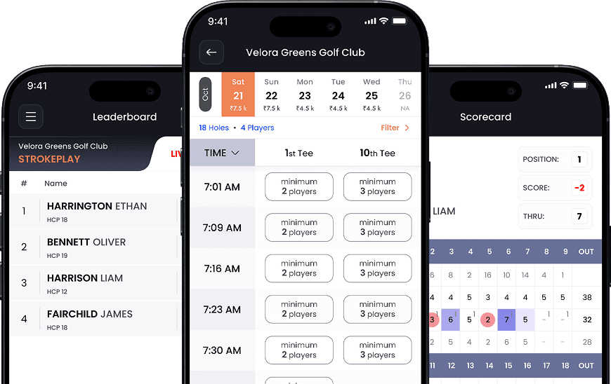 Club Manager app screens — bookings, leaderboard, and scorecard