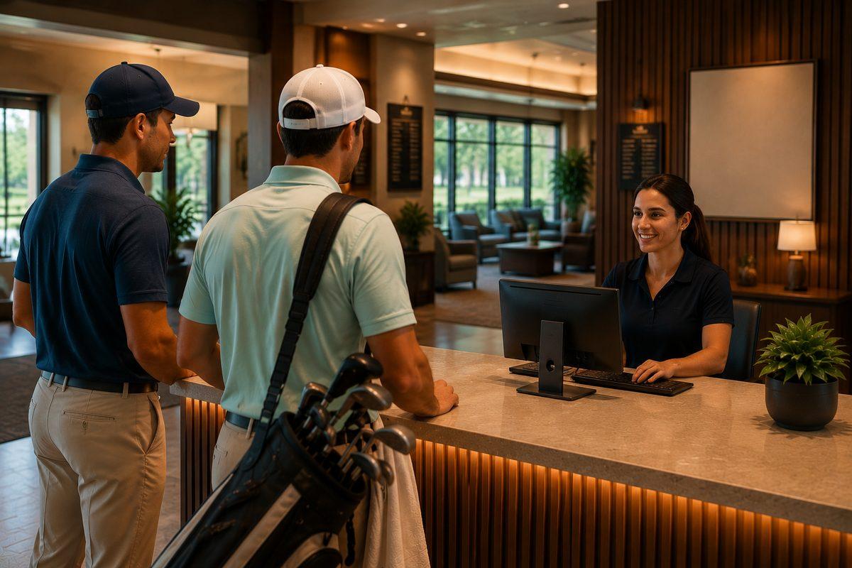 Front desk staff assisting golfers at check-in