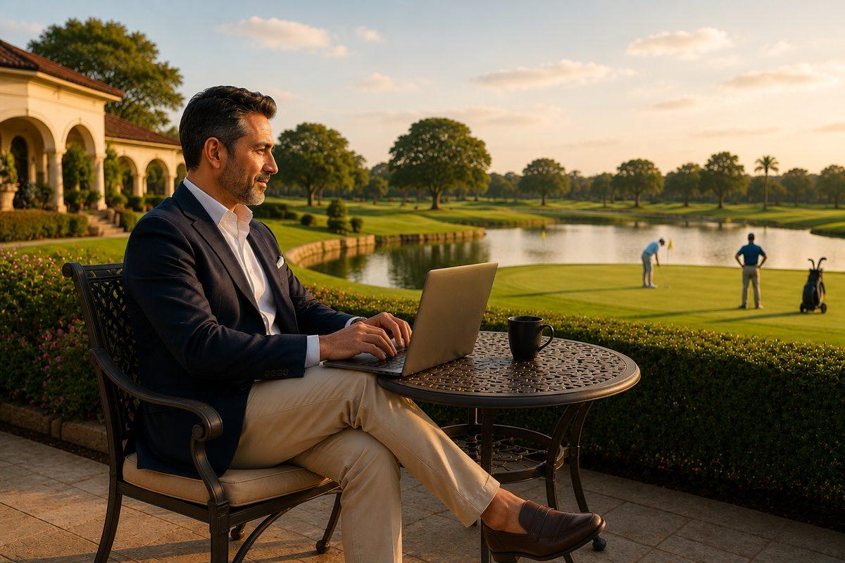 Golf manager working on a laptop overlooking the course